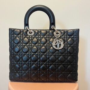 Christian Dior Black Lambskin Lady Dior Cannage Handbag Silver Hardware.